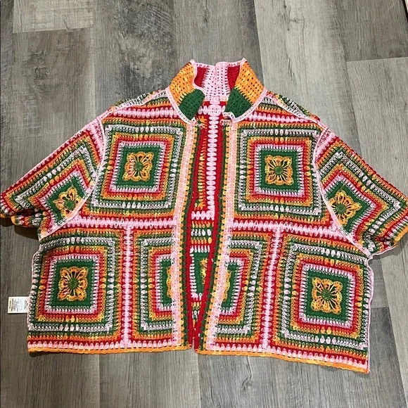 Blue B Collection Multi Color Short sleeve Crochet Granny Square sweater - Picture 6 of 8